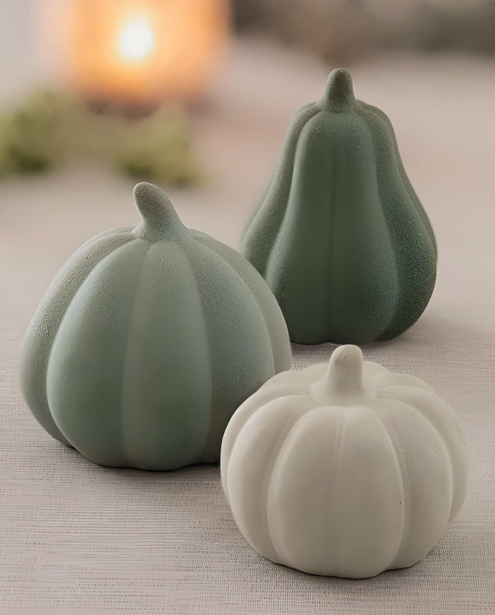 Dekoleidenschaft 3X Kürbis Terracotta in grün &amp; weiss, Dekokürbis, Herbstdeko, Halloweendeko, Dekofi