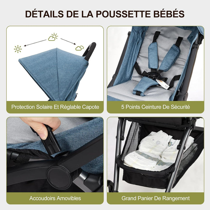 GarveeTech Leichter, Einhändig Klappbarer Kinderwagen, Kompakt Reisebuggy Blau, Blau