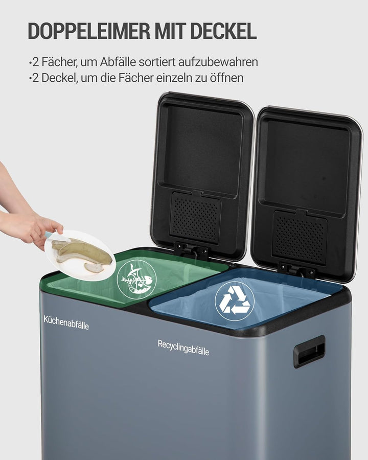 Hzuaneri Mülleimer Küche, 2 x 30 L, Mülltrennsystem 2 Fächer 60 L, Edelstahl-küchenmülleimer, Tretmü