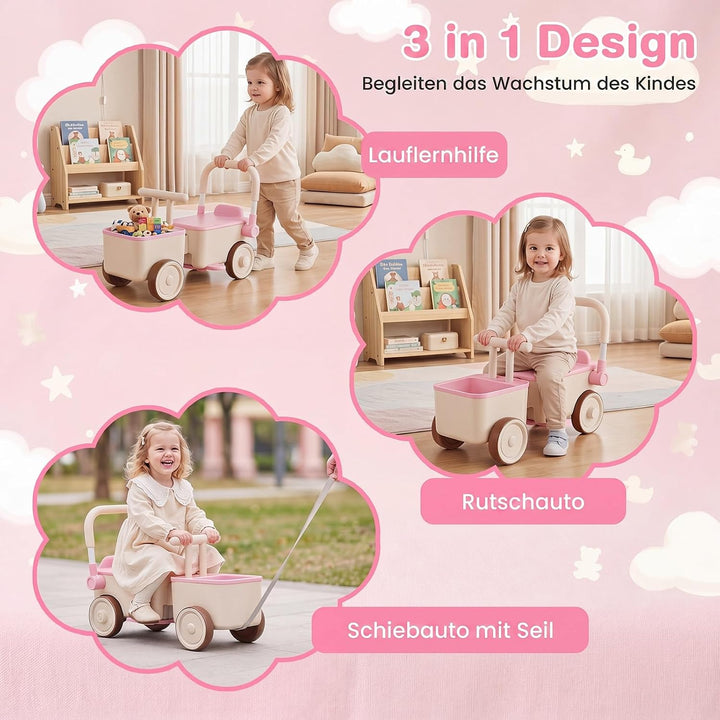 COSTWAY 3 in 1 Lauflernwagen, Schiebe-Zieh-Kinderwagen mit Rollen (Rosa), Rosa