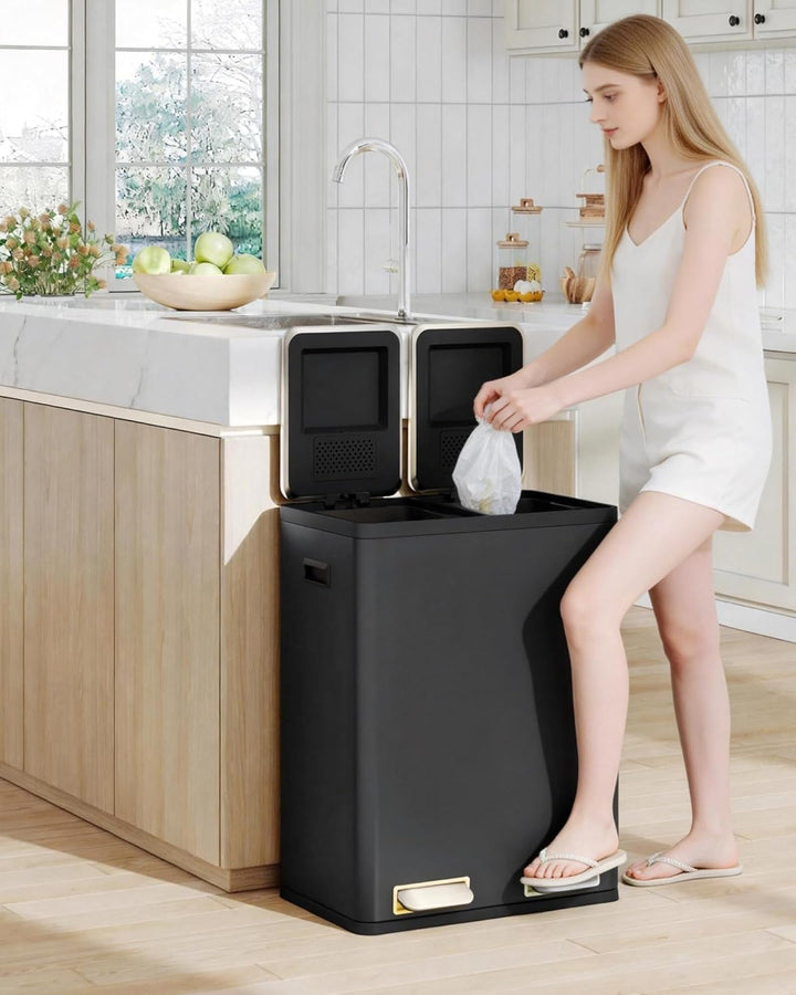 Hzuaneri Mülleimer Küche, Mülltrennsystem 2 Fächer 60L (2 x 30 L), Edelstahl-küchenmülleimer, Tretmü