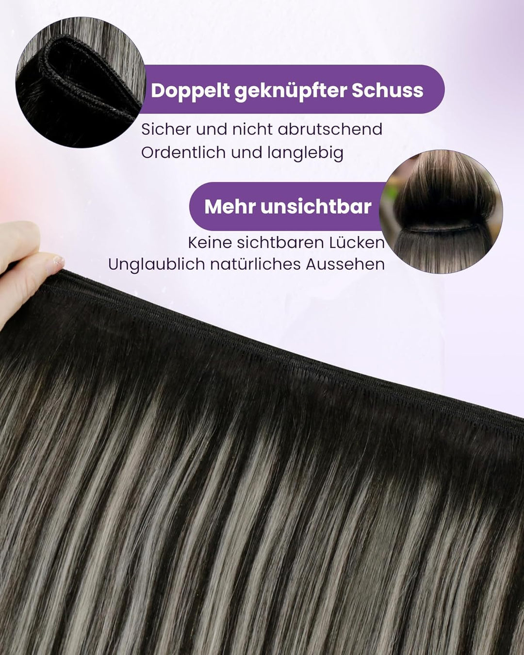 LaaVoo 55cm Extention Tressen Echthaar Balayage Schwarz Silber Sew in Tressen Echthaar zum Einnähen