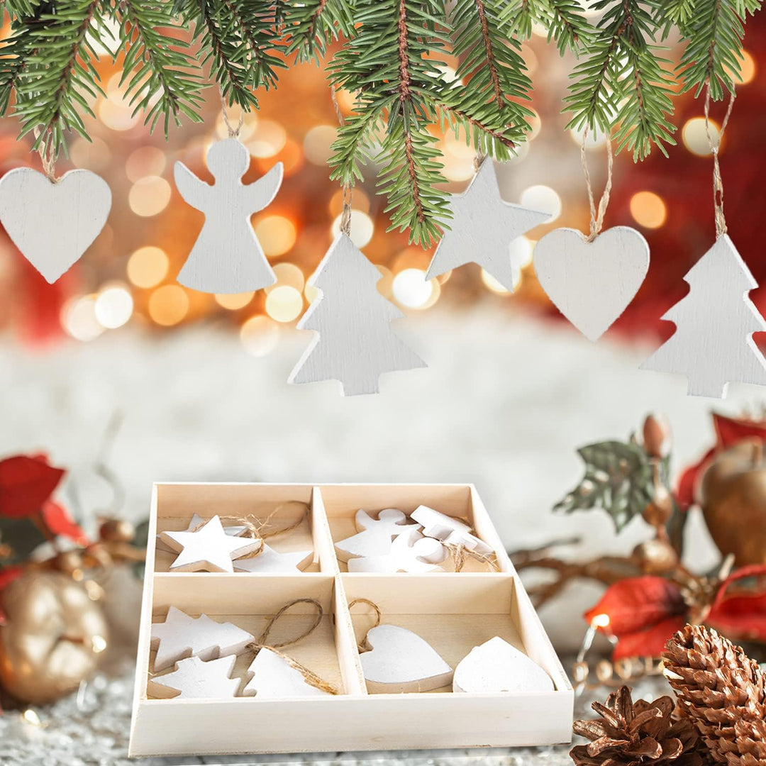 24 Holzanhänger Weiss Weihnachten – Sterne, Engel, Herzen &amp; Bäumchen – 3,5–4,5 cm – Baumschmuck &amp; Ge