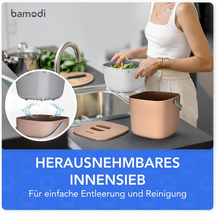 Bamodi Organic Bin 7L Peach mit Deckel und 2 Fächer - Bio-Abfalleimer für die Küche für den tägliche