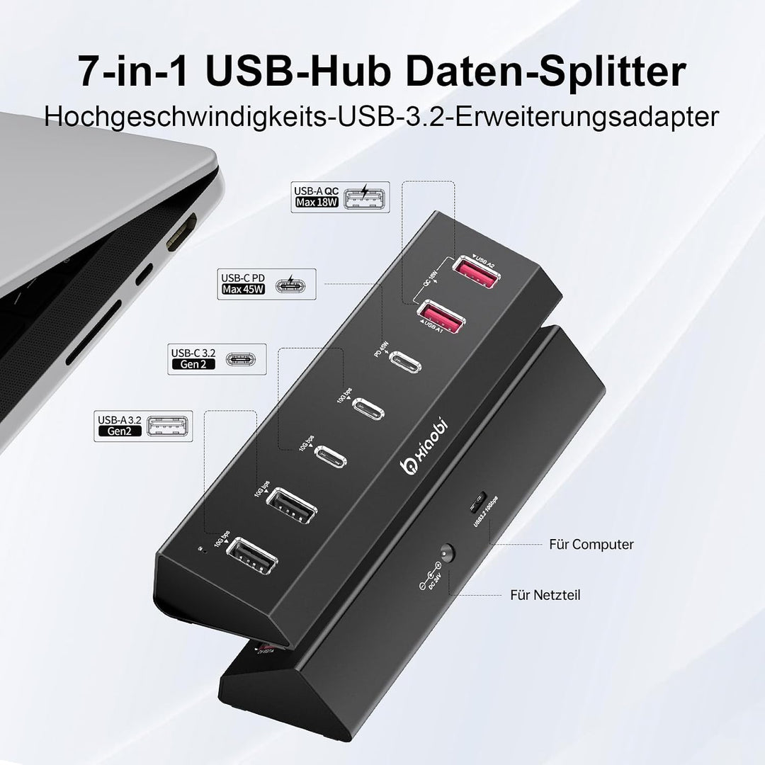 7-in-1 USB-C-Hub mit 10Gbps Datenübertragung, PD45W und QC18W Schnellladung Schwarz, Schwarz
