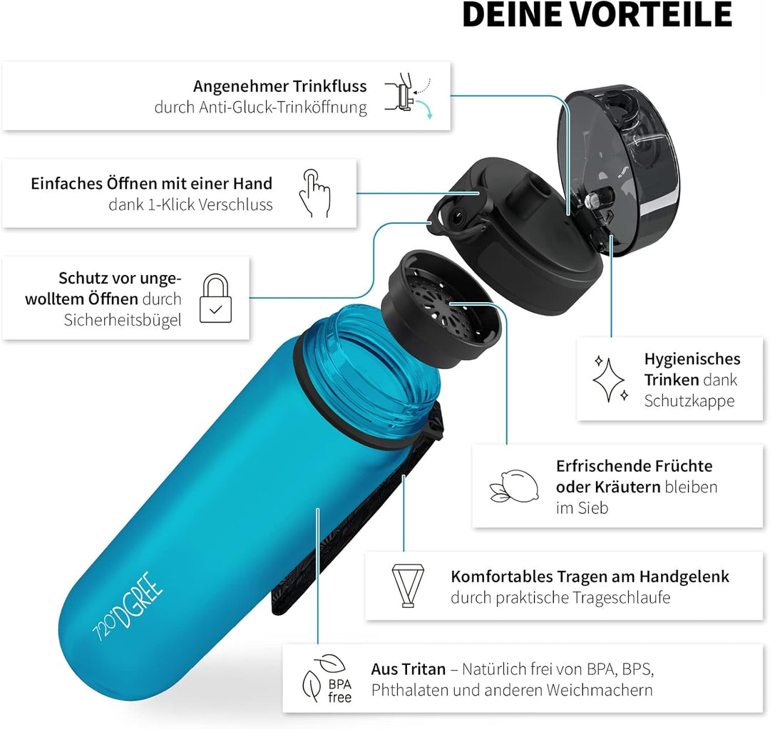 720°DGREE Trinkflasche Kinder 500ml “uberBottle“ softTouch +Sieb - Auslaufsicher, BPA-Frei - Flasche
