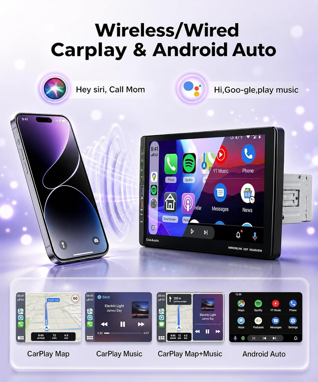Rimoody Autoradio 1 Din mit Wireless Carplay Android Auto Bluetooth 5.2 FM/AM/RDS, 9 Zoll IPS Touchs