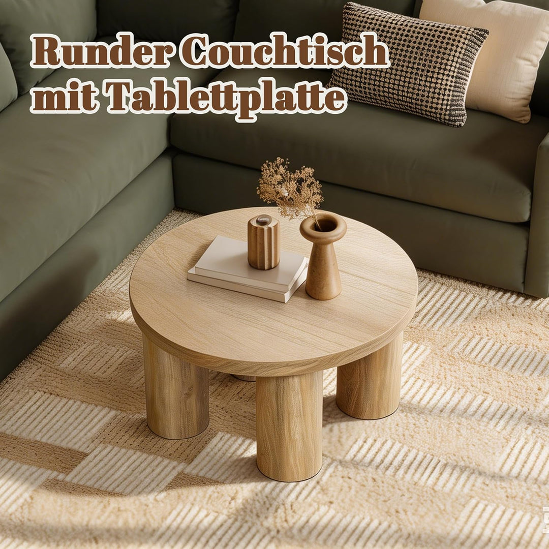Hometopia Couchtisch Rund 70 cm aus Holz mit Säulenbeinen Eichenoptik Ø70 cm X H40 cm, Eichenoptik Ø