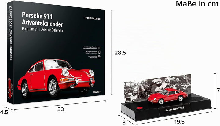 FRANZIS 55199 - Porsche 911 Adventskalender rot, Metall Modellbausatz im Massstab 1:43, inkl. Soundm