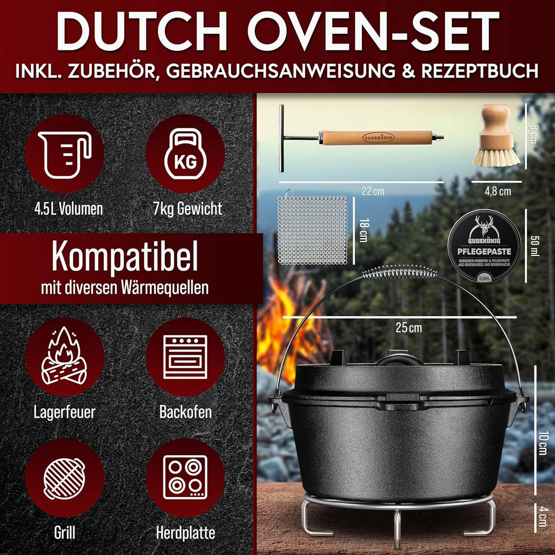 Dutch Oven Set–Eingebrannter Dutch Oven 4,5L [2-4Person]–Feuertopf Gusseisen ohne Füsse–Schmortopf D