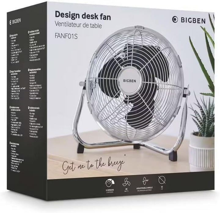 Bigben 48-W-Tischventilator, 3 Geschwindigkeitsstufen, neigbarer Kopf, gebürstetes Aluminium, für Sc