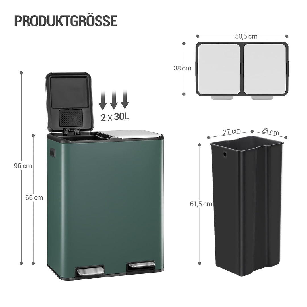 Hzuaneri Mülleimer Küche, 2 x 30 L, Mülltrennsystem 2 Fächer 60 L, Edelstahl-küchenmülleimer, Tretmü