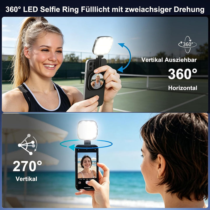 Magnetisches Selfie Licht mit Spiegel, Handy Licht 900mAh, 360° LED Ring Fülllicht kompatibel mit iP