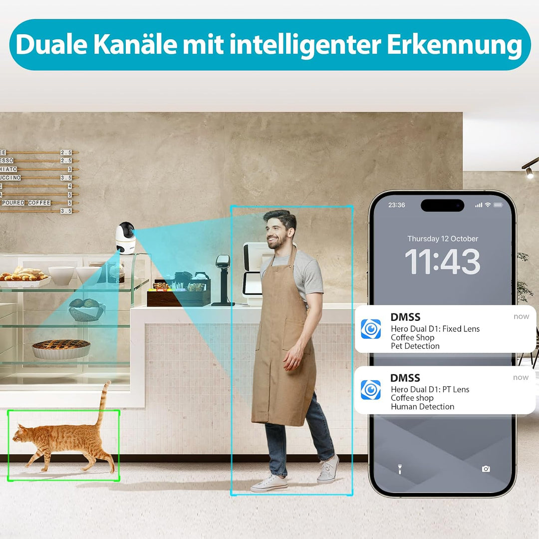 Dahua Dual-Lens Pan Tilt Innenkamera 3+3MP, 2.4/5GHz WLAN, KI Personen-/Tiererkennung, Farbnachtsich