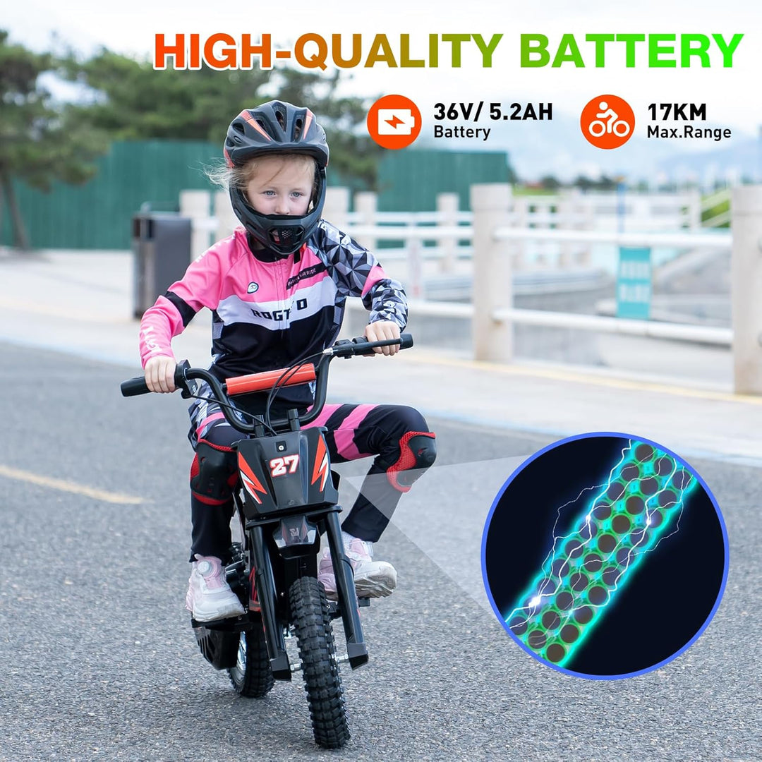 RCB TECH R9X Elektro Motorrad Kinder, Elektromotorrad mit 3 Geschwindigkeitsmodus, Max 25km/h, 36V/5