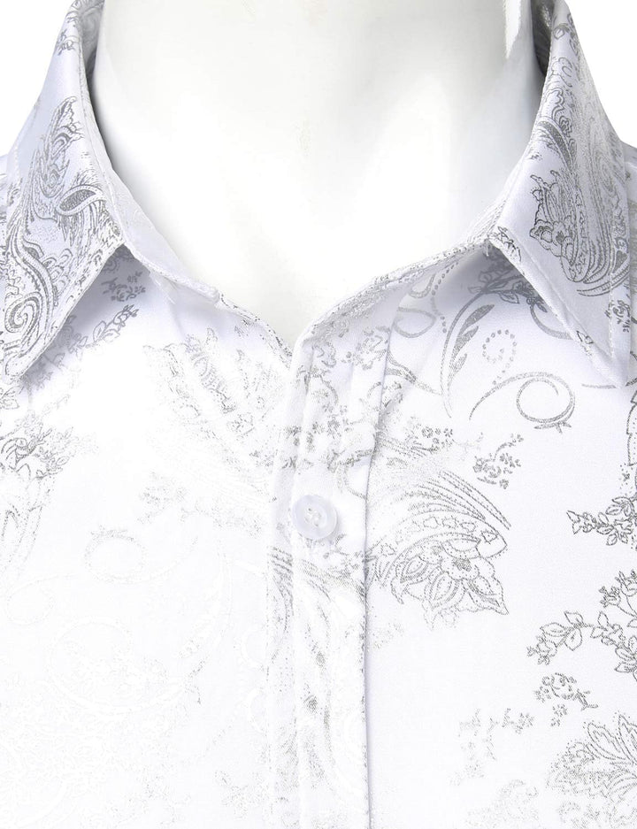 PARKLEES Herren Luxus Paisley Gemustert Golden Glänzend Slim Fit Freizeithemd XXL Weiss Silber, XXL