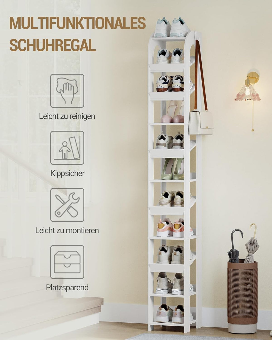 Hzuaneri Vertikales Schuhregal, 11 Ebenen Schmale Schuhregale, Holz-Schuh-Organizer für Schrank, Ein