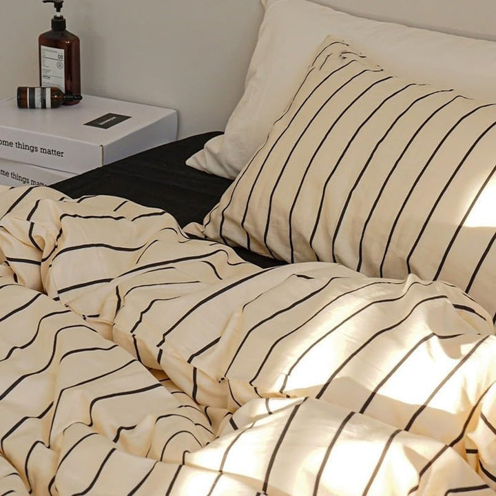 Bettwäsche 135x200 Beige Gestreift Streifen mit Kissenbezug 80x80cm Dunkelbeige Streifen 135x200cmx1