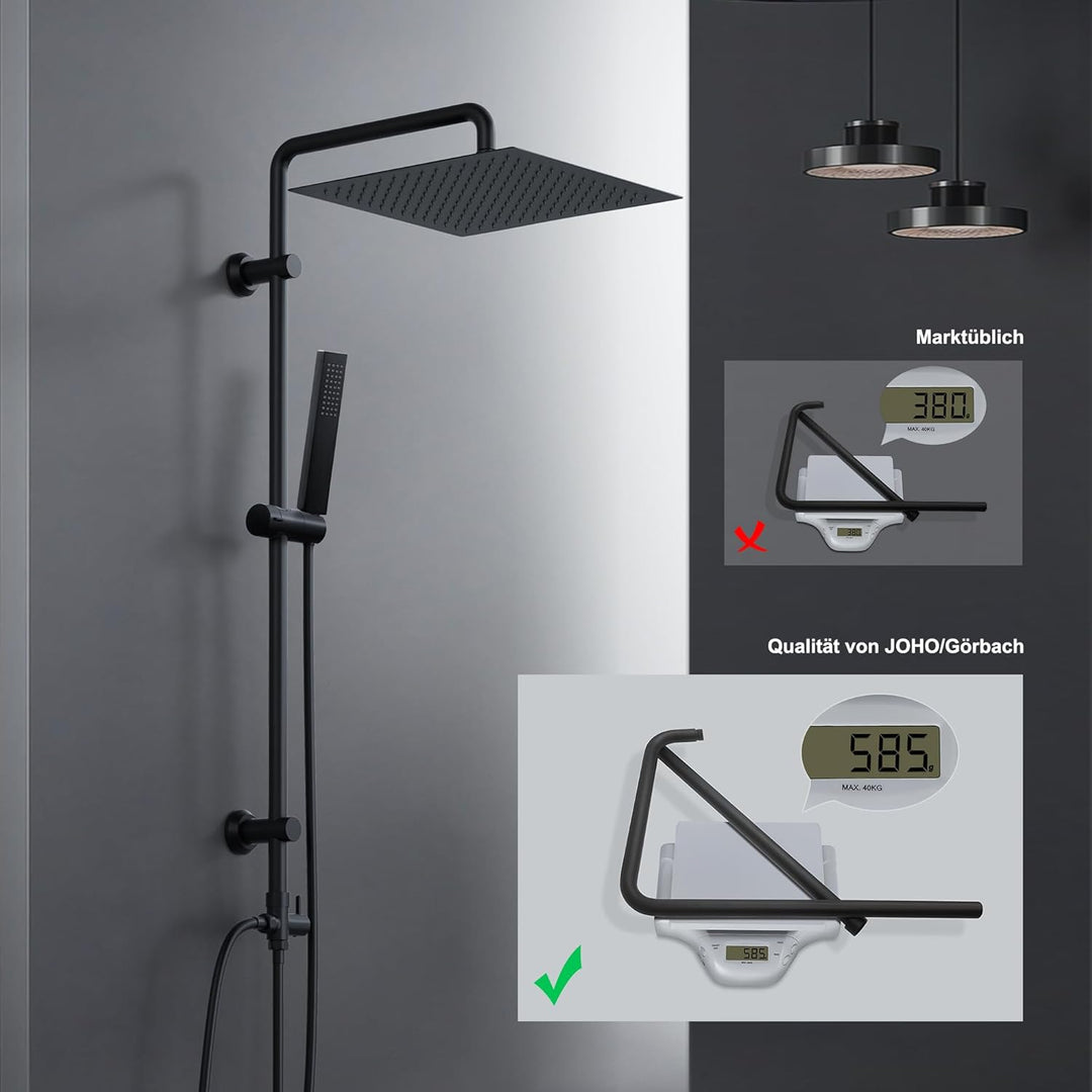 Görbach Regendusche Duschsystem ohne Armatur, Edelstahl Duschset mit 92cm Duschstange, Eckig Überkop