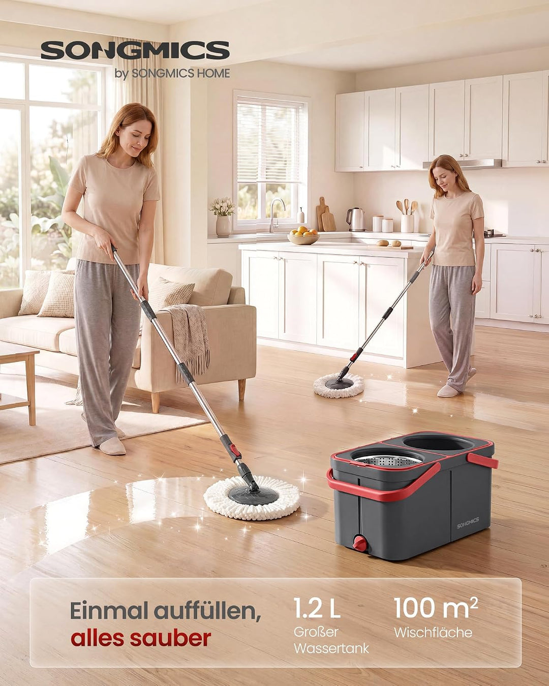SONGMICS Wischmopp mit Eimer, Bodenwischer mit Schmutzwasser-Trennung und Rollen, Teleskopstiel, 4 M