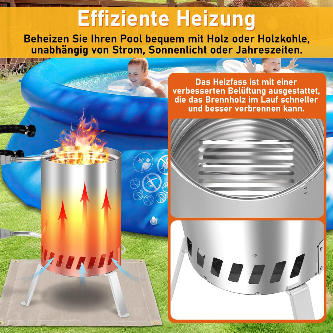 Poolheizung mit Feuer und Heizspirale, Poolheizung Feuertonne, Poolofen Feuertonne mit Feuerfestmatt