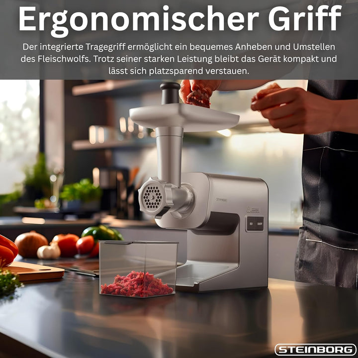 Steinborg ® Fleischwolf Elektrisch 2000W Max Power – Profi Hackfleischmaschine aus Edelstahl mit kra