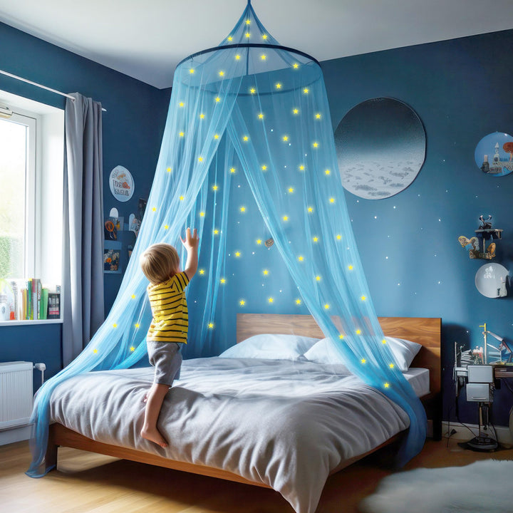 Blaues Betthimmel mit vorgeklebten leuchtenden Sternen - Prinzessinen Moskitonetz für Mädchen Zimmer
