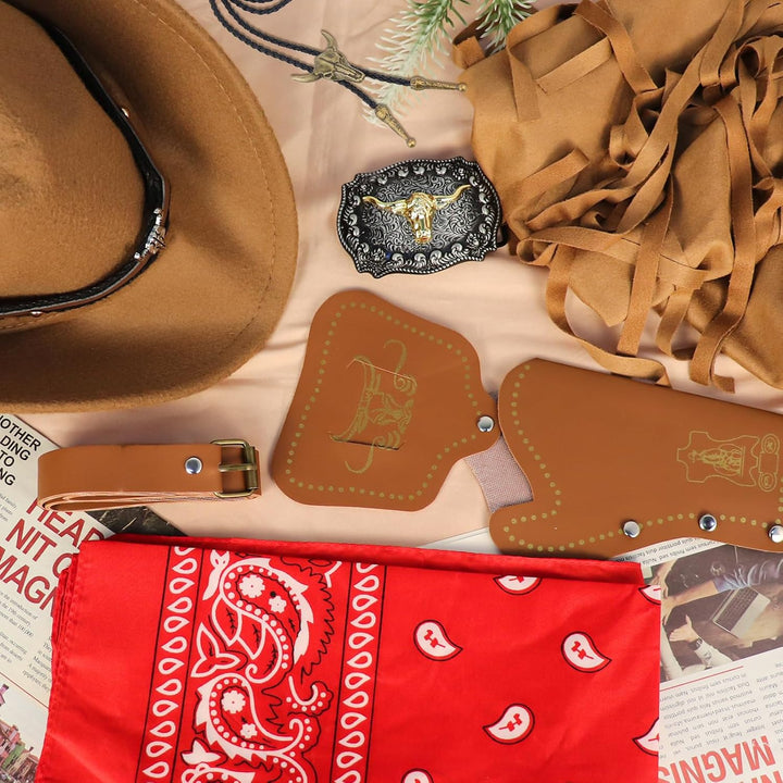 7 Stück Cowboy Kostümzubehör Set für Herren, Western Cowboy Kleidung mit Hut Quastenweste Paisley Ba