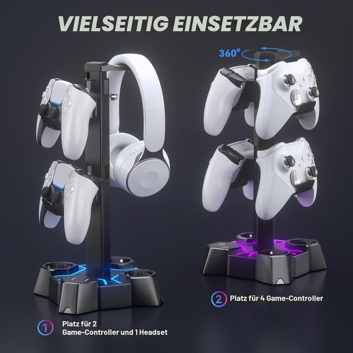 KDD Headset Halterung Led mit USB Ladestation, Controller Halterung &amp; Kopfhörer Ständer Tisch mit 2