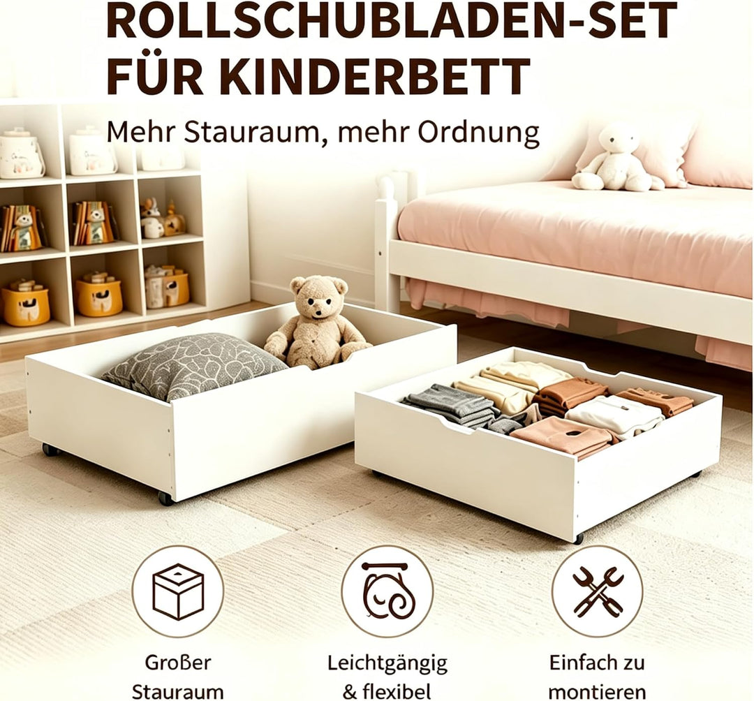 2er-Set Bettkästen mit Rollen und Grossem Stauraum Unterbettkommode aus MDF für Bett Weiss Aufbewahr