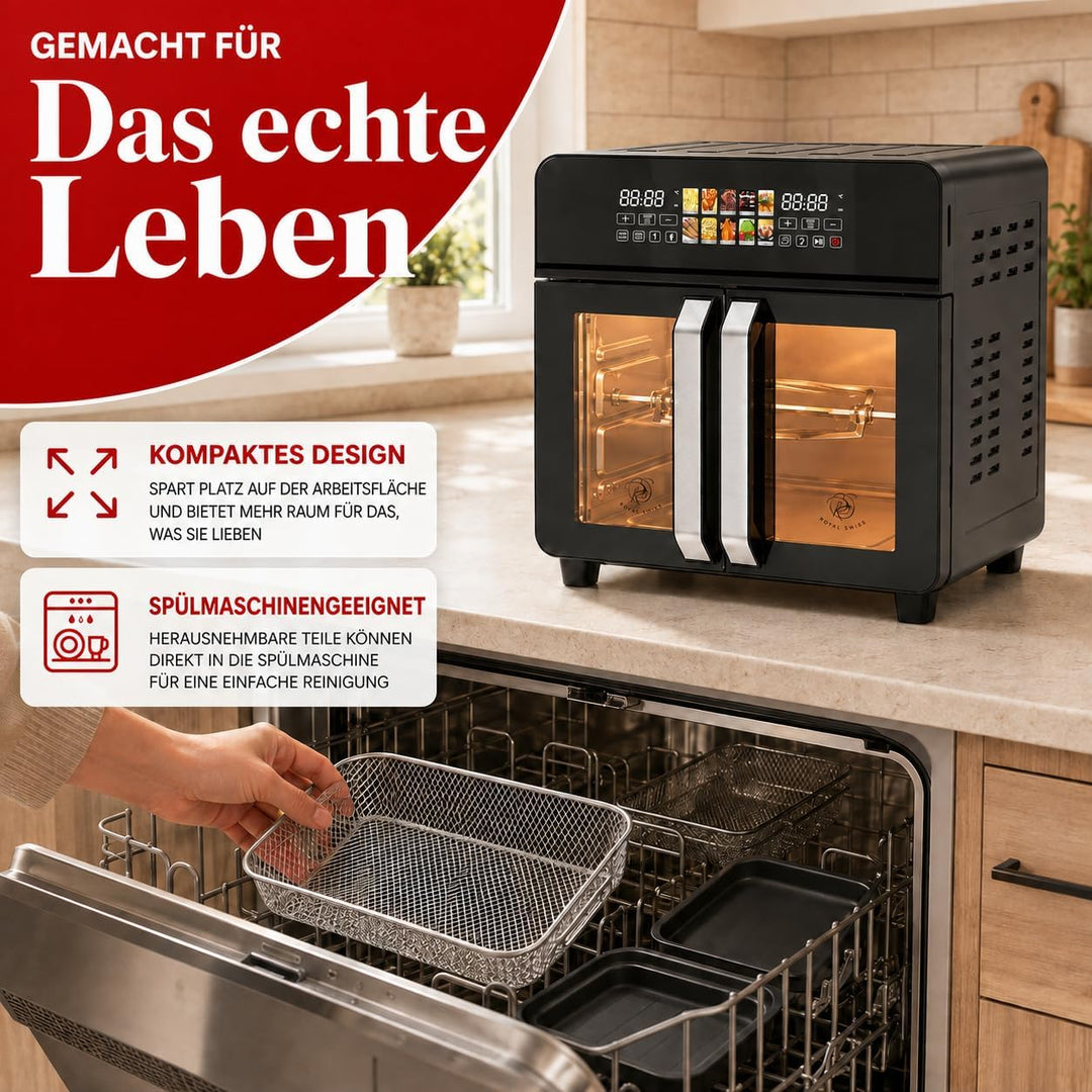 Royal Swiss Airfryer Oven XXL 23 L 2400 W, Heissluftfritteuse mit Doppeltür, 10 Programme, LED Displ