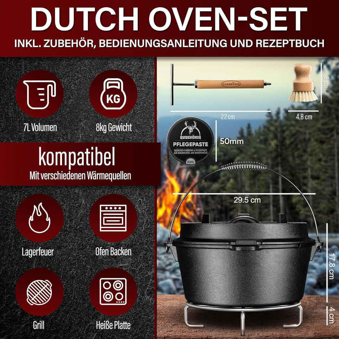 GUSSKÖNIG Dutch Oven Set - Eingebrannter Dutch Oven 7 Liter - Feuertopf Gusseisen ohne Füssen - Schm