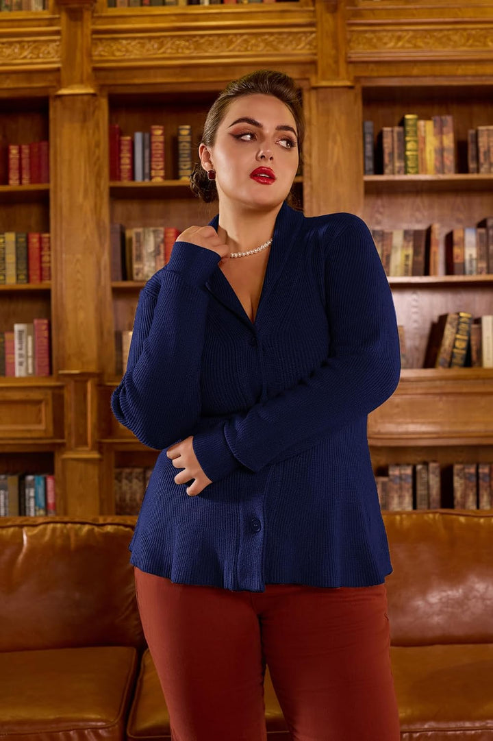 Belle Poque Damen Strickjacke Langarm Reverskragen Cardigan mit Rüschensaum Casual Strickmantel S Ma