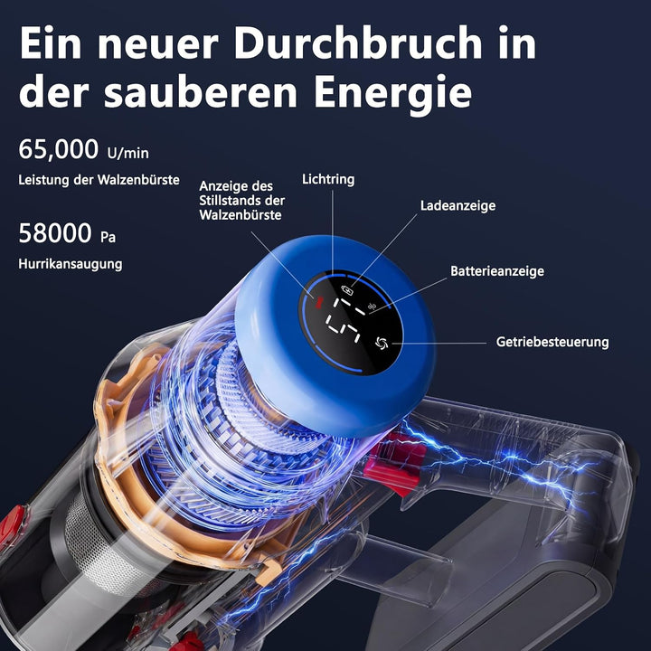 Akku Staubsauger, 58000Pa Staubsauger Kabellos, Akkustaubsauger mit Display &amp; LED, Anti-Tangle-Bürst