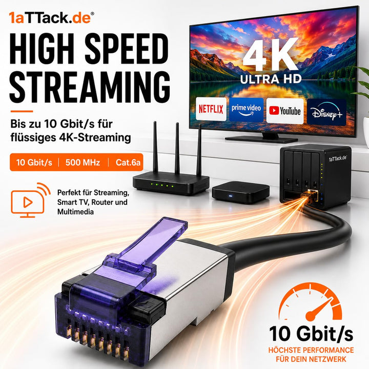 1aTTack.de - 50m - CAT6a Superflex- Ethernet Gigabit LAN Netwerkkabel RJ45 CAT6 A Patchkabel 10000 M