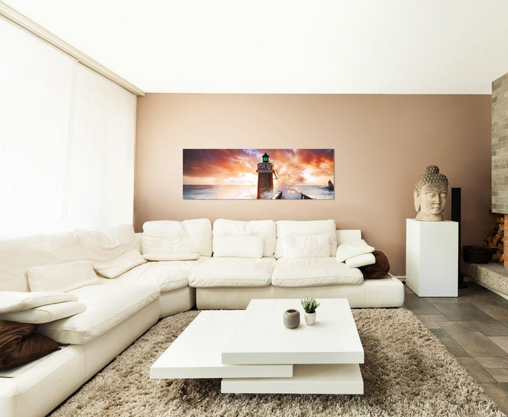 Paul Sinus Art Panoramabild auf Leinwand und Keilrahmen 120x40cm Meer Welle Leuchtturm Steg Wolkenhi