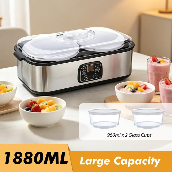 Joghurtbereiter 2L Joghurtmaschine mit 2 Gläsern Automatischer Joghurt Maker mit Temperatursteuerung