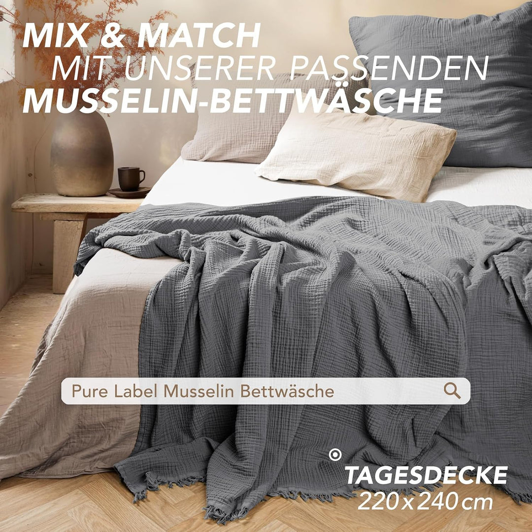 Pure Label 2er Set Musselin Decke 150x200 Dunkelgrau aus Baumwolle Anthrazit 2er Set 150x200 cm, Ant