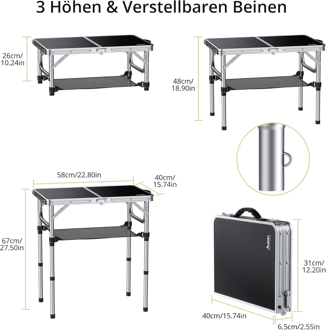 Anbte Campingtisch Klappbar 58x40cm Aluminium Silber-Rahmen Picknicktisch 3 Höhen Verstellbar 26/48/