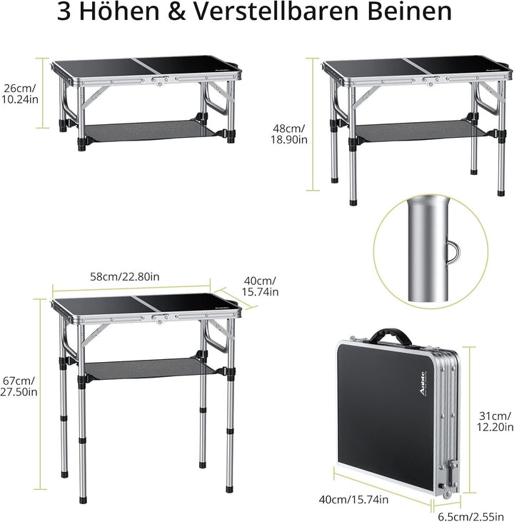 Anbte Campingtisch Klappbar 58x40cm Aluminium Silber-Rahmen Picknicktisch 3 Höhen Verstellbar 26/48/
