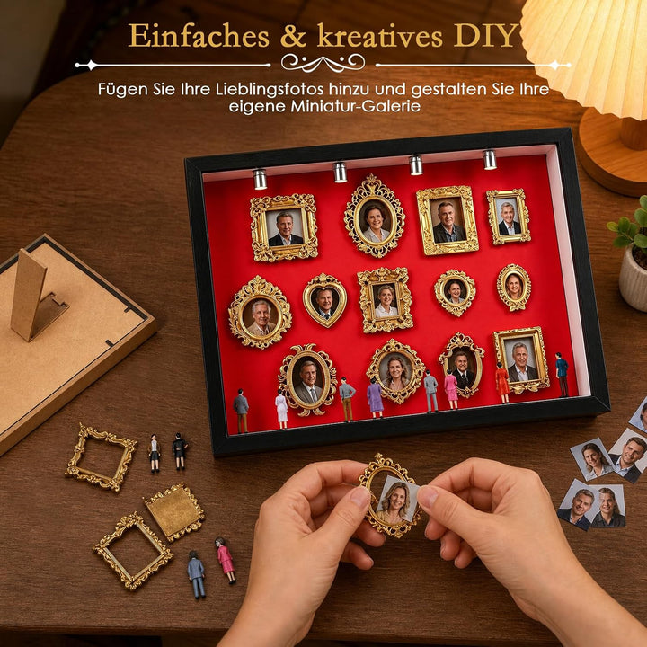 DIY Mini Museum Silhouette Box, Mini Museum Bilderrahmen mit LED Licht,13 Mini Goldrahmen &amp; 16 Figur
