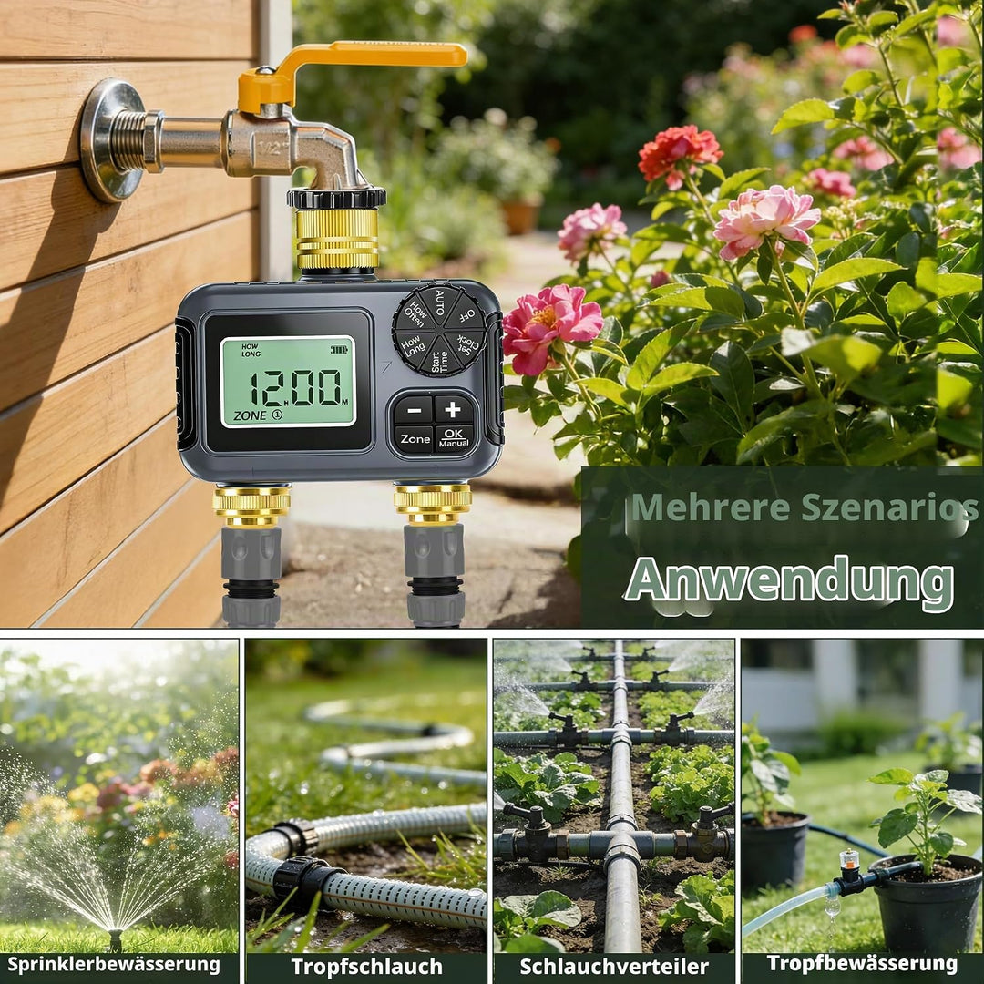 IPX5 Bewässerungscomputer 2 Ausgänge,Messing-Einlass und -Auslass,Automatische Bewässerung Wasser Ze