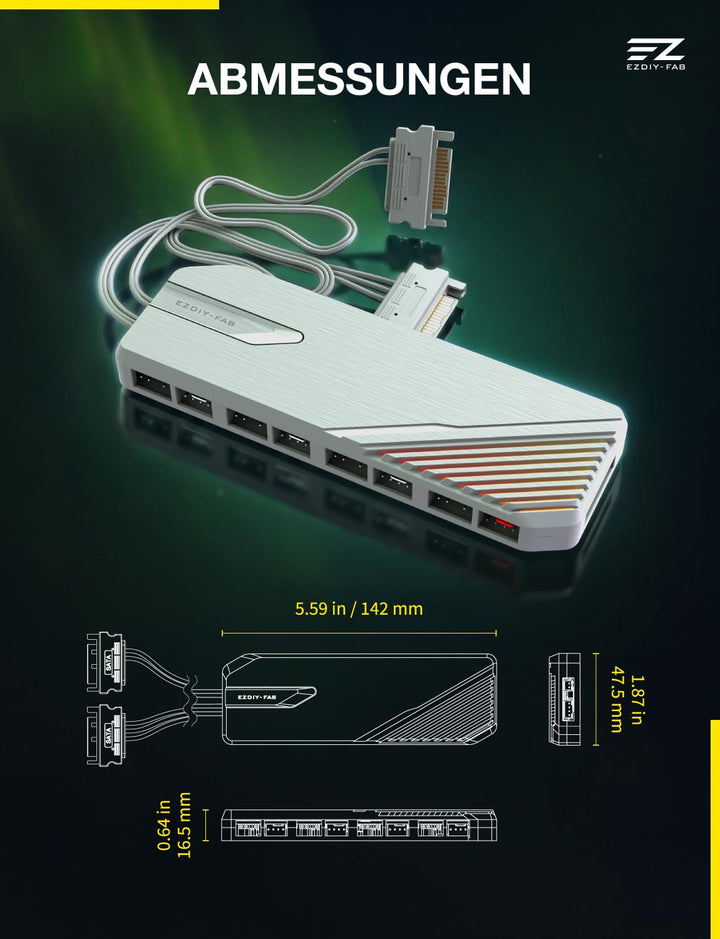 EZDIY-FAB FH01 8-Port ARGB PWM Fan Hub Controller,Duale SATA-Kabel,Weiss, Weiss