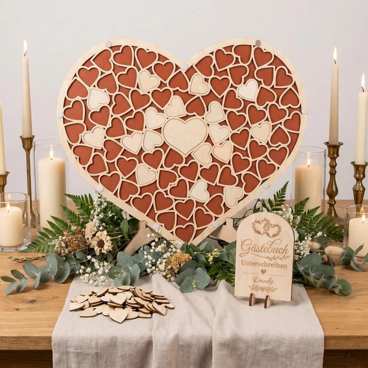 Gästebuch Hochzeit Holz in Herzform, Alternatives Hochzeitsgästebuch mit 83 Holzherzen und Aufstelle