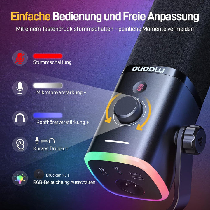 MAONO XLR-USB Streaming Mikrofon mit Arm: Dynamisches Mikrofon mit Software, Stummschalttaste, Gain-