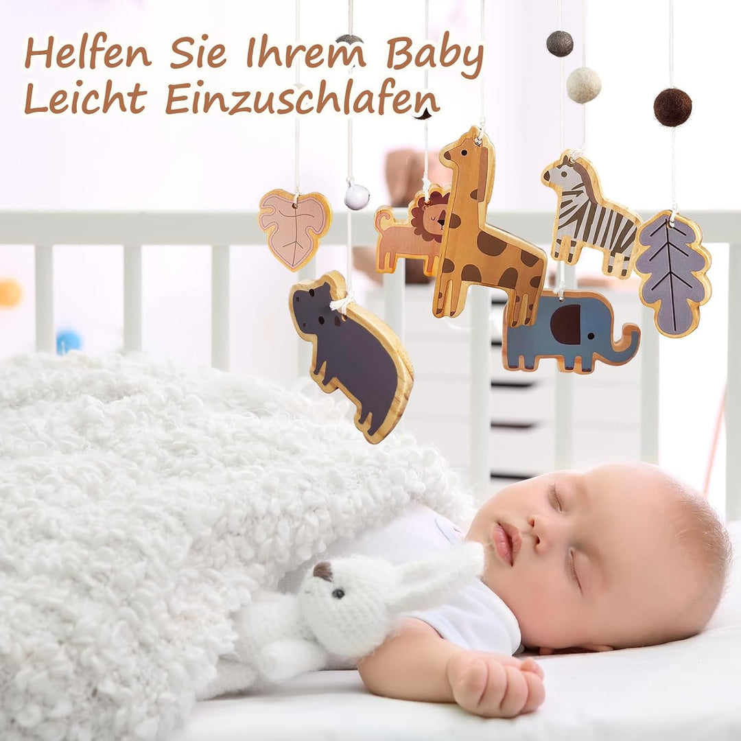 Mobile Baby Waldtiere, Holz Baby Mobile babybett spielzeug mit Wollknäuel Giraffe Löwe Elefant, Wind
