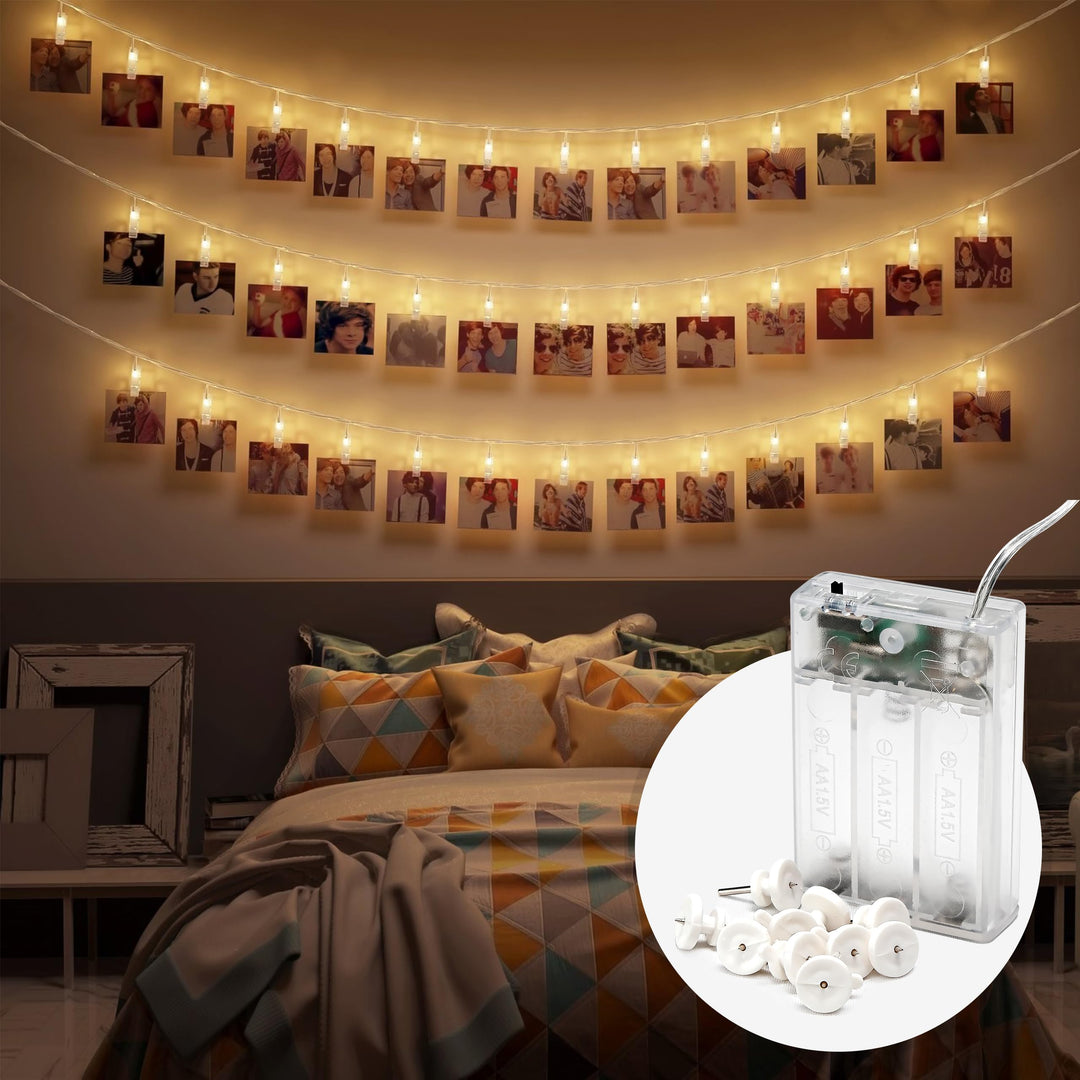 CozyHome Foto Lichterkette Fotoclips - 30 LED mit Klammern &amp; 5m Timer Batterie I Fotolichterketten F