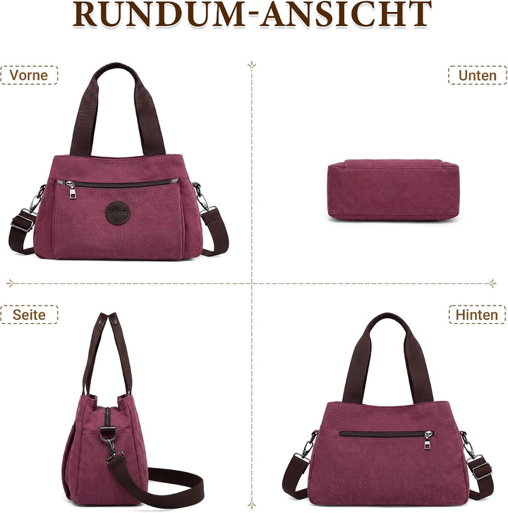 DIRRONA Canvas Tasche Damen – Vintage Handtasche Damen, Grosse Umhängetasche mit Mehreren Fächern, V