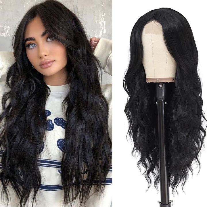 PORSMEER Lange Wellig Perücken Schwarz, 66 cm Perücke Für Frauen Afro Mittelscheitel Synthetik Haar