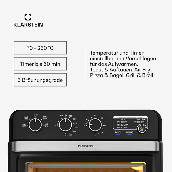 Klarstein AirGlaze Heissluftfritteuse – 34 L, 2000 W, 9 Programme, Drehknopfsteuerung, Rotisserie, P